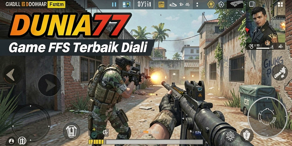 Screenshot gameplay DUNIA77 menunjukkan aksi tembak-menembak yang intens.