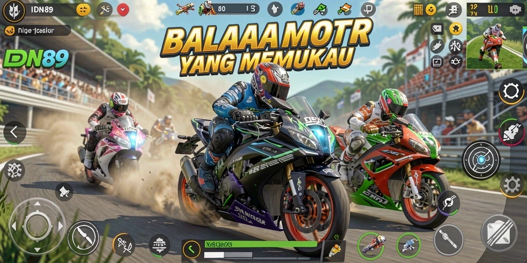 Tampilan screenshot IDN89 menampilkan balapan motor yang seru dan mendebarkan.
