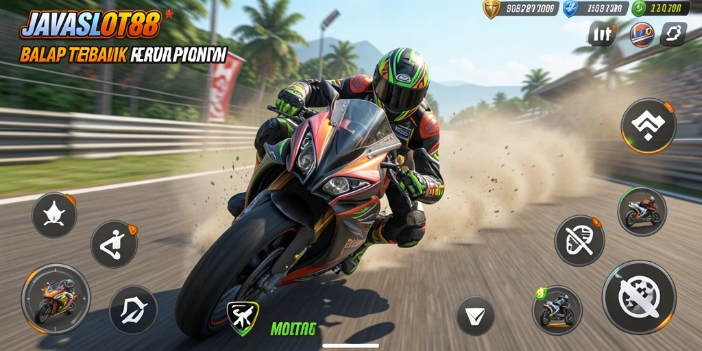 Gameplay mendebarkan dari JAVASLOT88 saat balapan motor.
