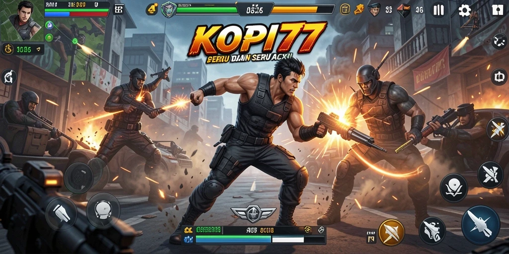 Screenshot utama KOPI77 menampilkan aksi mendebarkan karakter dalam pertarungan.