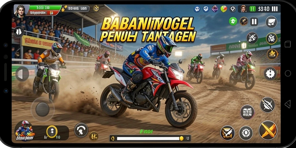 Screenshot gameplay ROBINTOGEL yang menunjukkan aksi balapan motor yang seru.