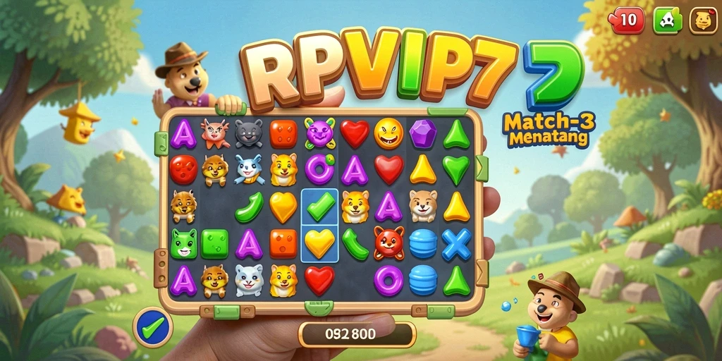 Screenshot RPVIP7 menampilkan gameplay Match-3 yang penuh warna.