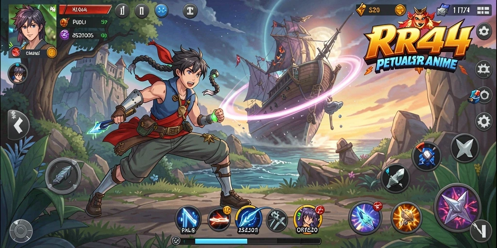Tampilan gameplay RR44 dengan karakter anime yang menarik dan aksi seru.